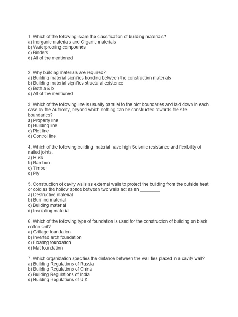Civil MCQ Questions Download Free PDF Masonry Building Materials