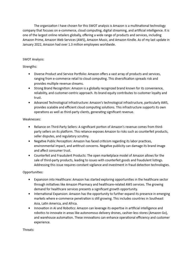Amazon SWOT Analysis Overview | PDF | E Commerce | Strategic Management