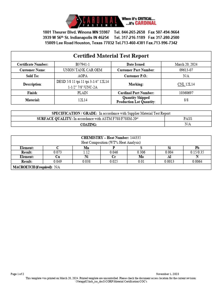 Certified Material Test Report PDF