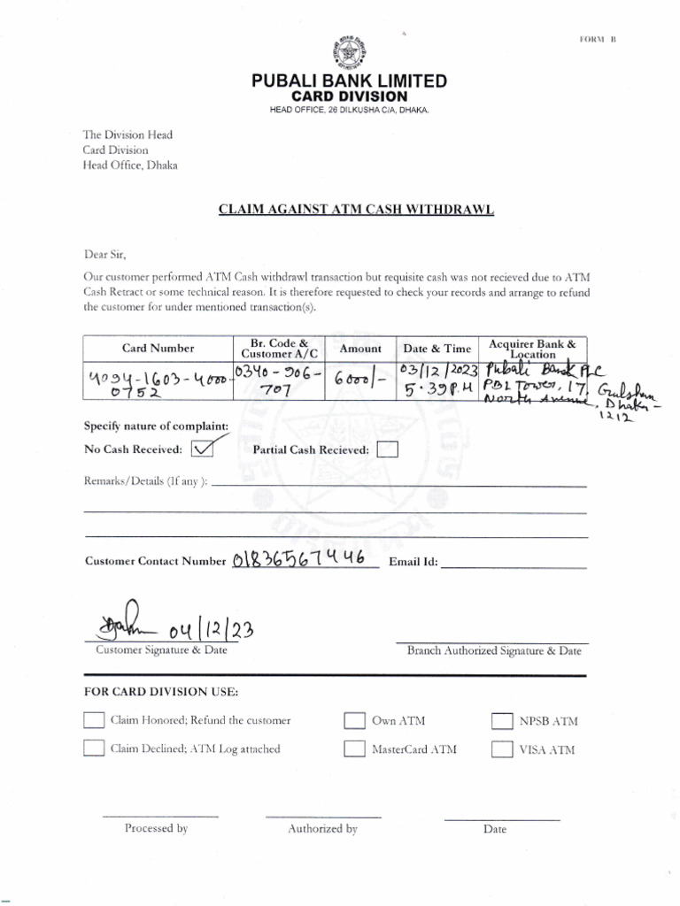 ATM Cash Withdrawal Claim Form | PDF | Science & Mathematics ...