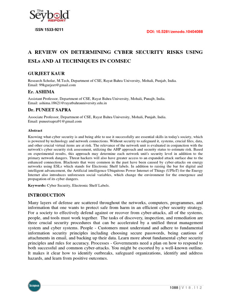 A review on determining cyber security risks using esls and ai