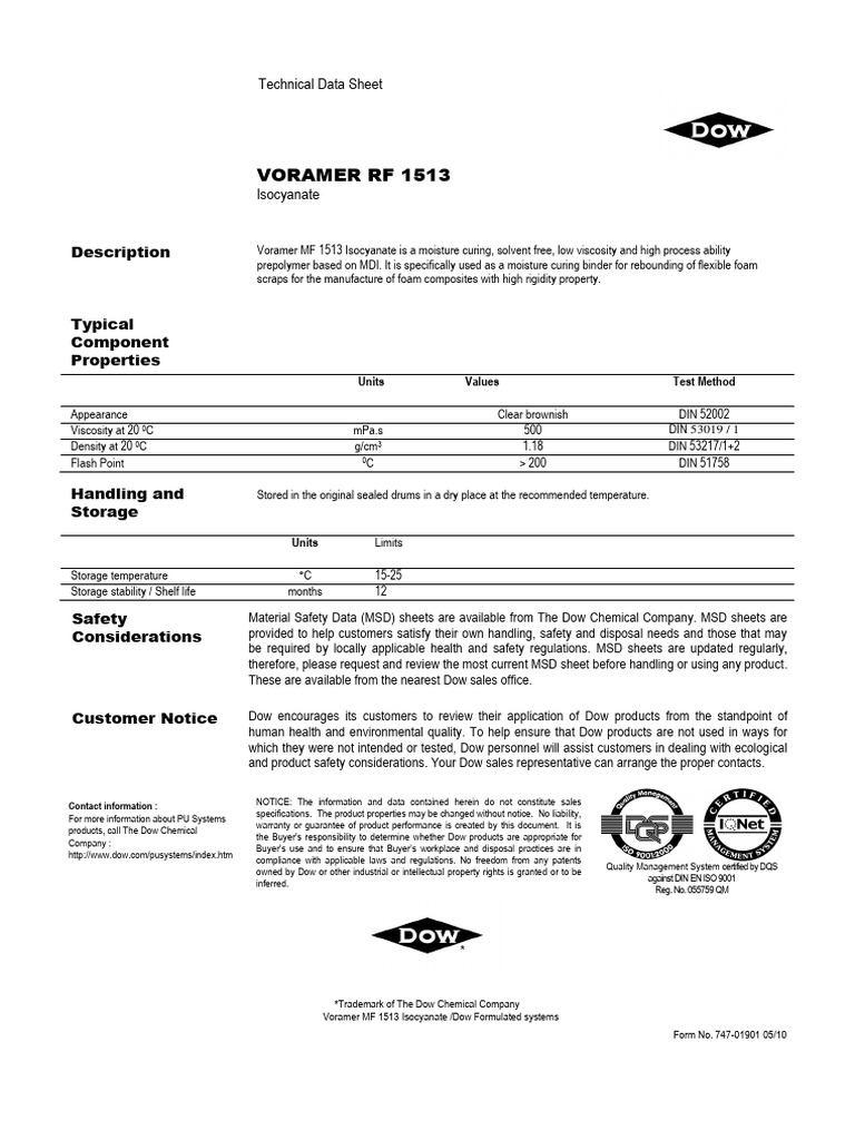 Voramer MF 1513 Isocyanate | PDF | Dow Chemical Company | Safety