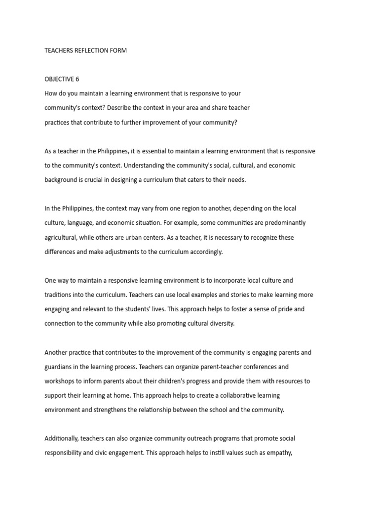Teachers Reflection Form | PDF | Teachers | Learning