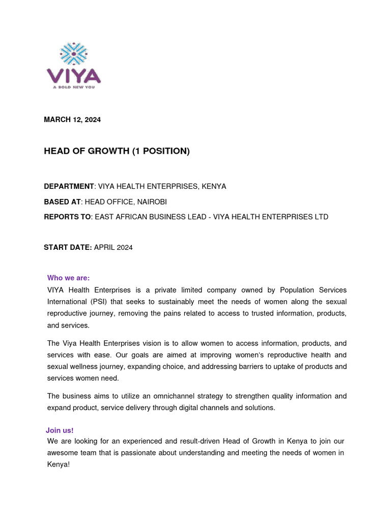 Viya kenya job advert head of growth pdf sales leadership