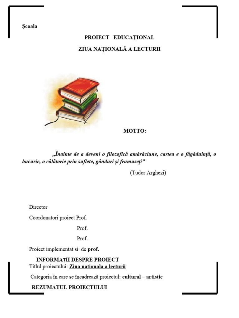 0 Proiect Educational Ziua Mondiala A Lecturii | PDF