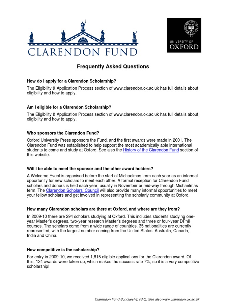 Clarendon Fund Scholarship Frequently Asked Questions For Web | PDF