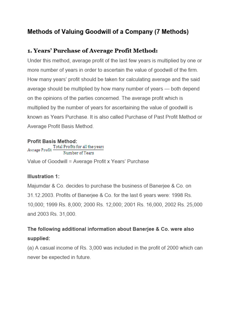 Methods Of Valuing Goodwill Of A Company 7 Methods Pdf Goodwill