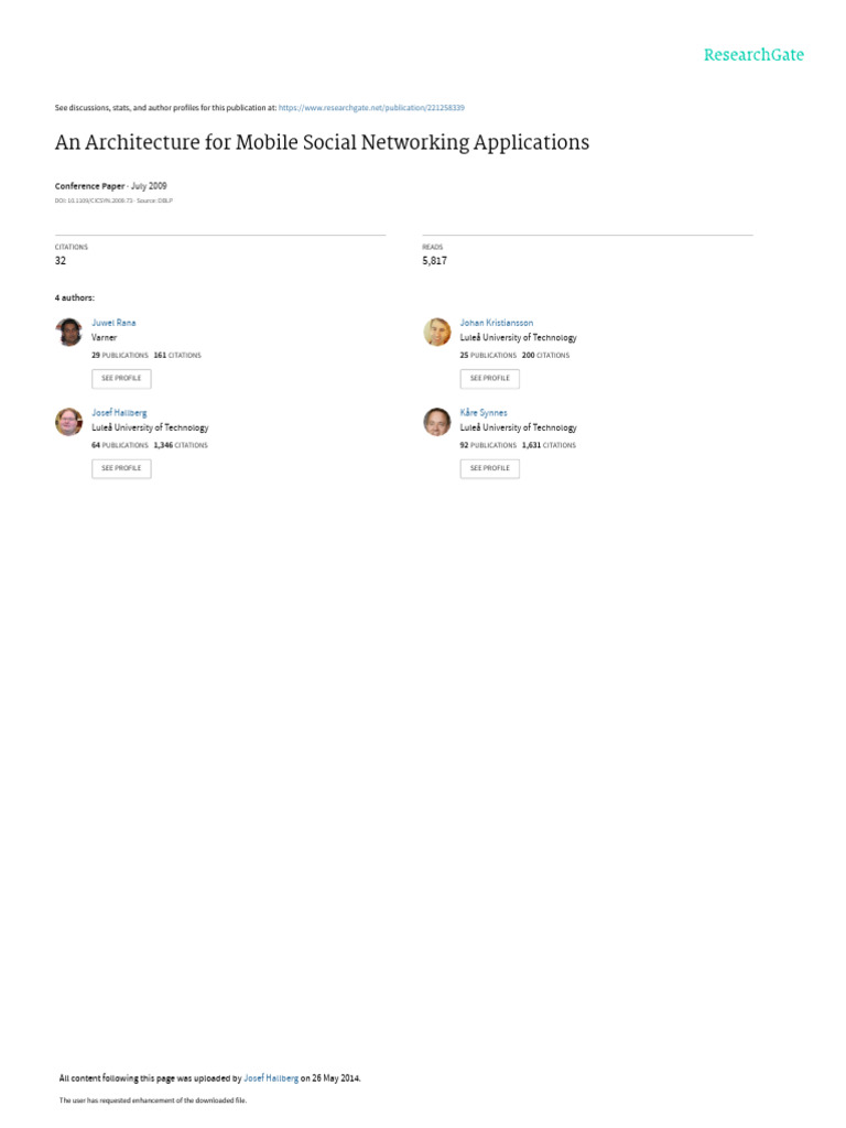 An Architecture For Mobile Social Networking Applications: July 2009 | PDF