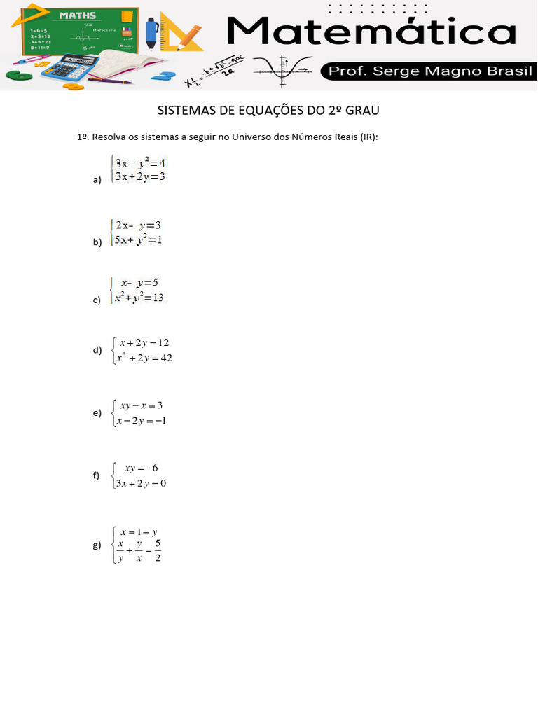 Exercícios de Sistemas de Equações 2º Grau | PDF