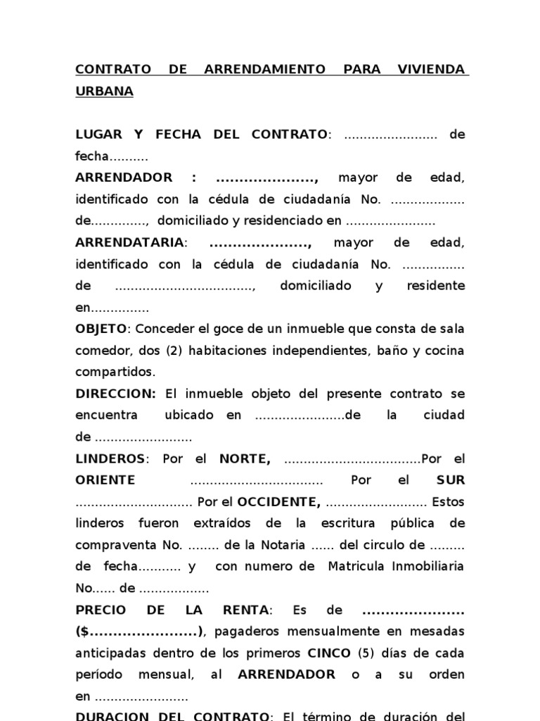 Contrato de Arrendamiento Para Vivienda Urbana Pagos Alquiler