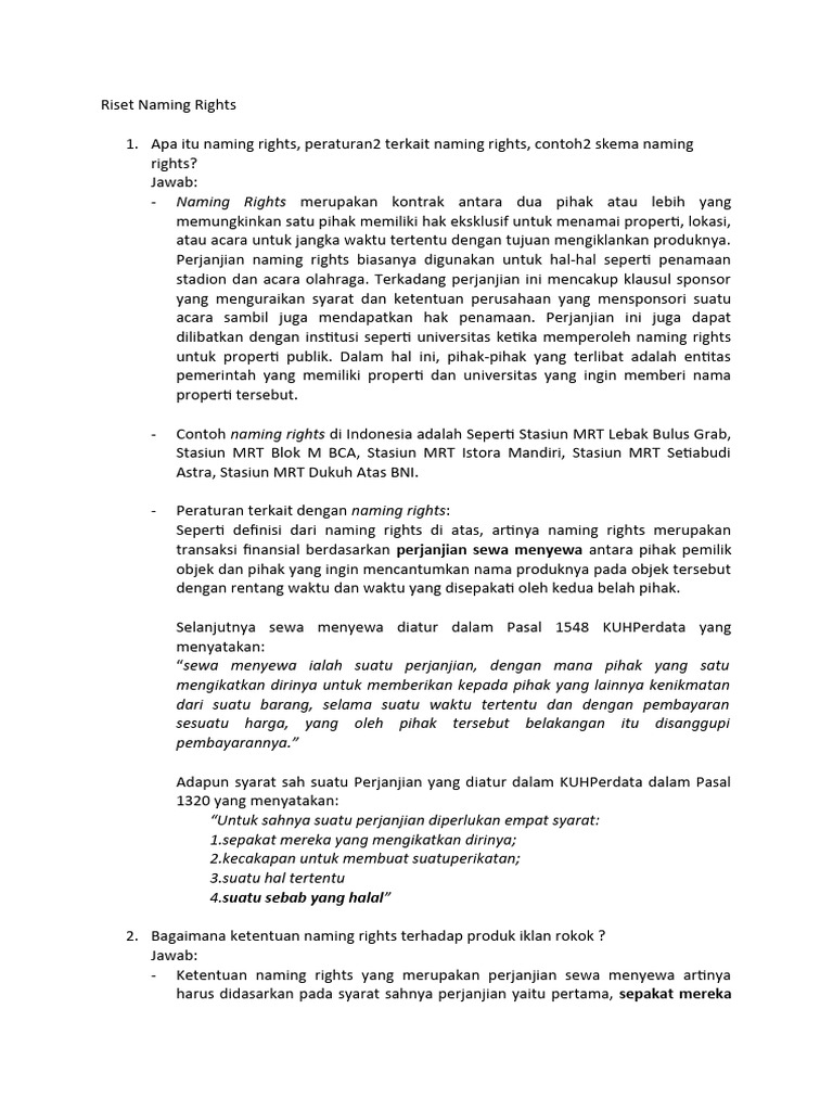 Riset dan Ketentuan Naming Rights | PDF