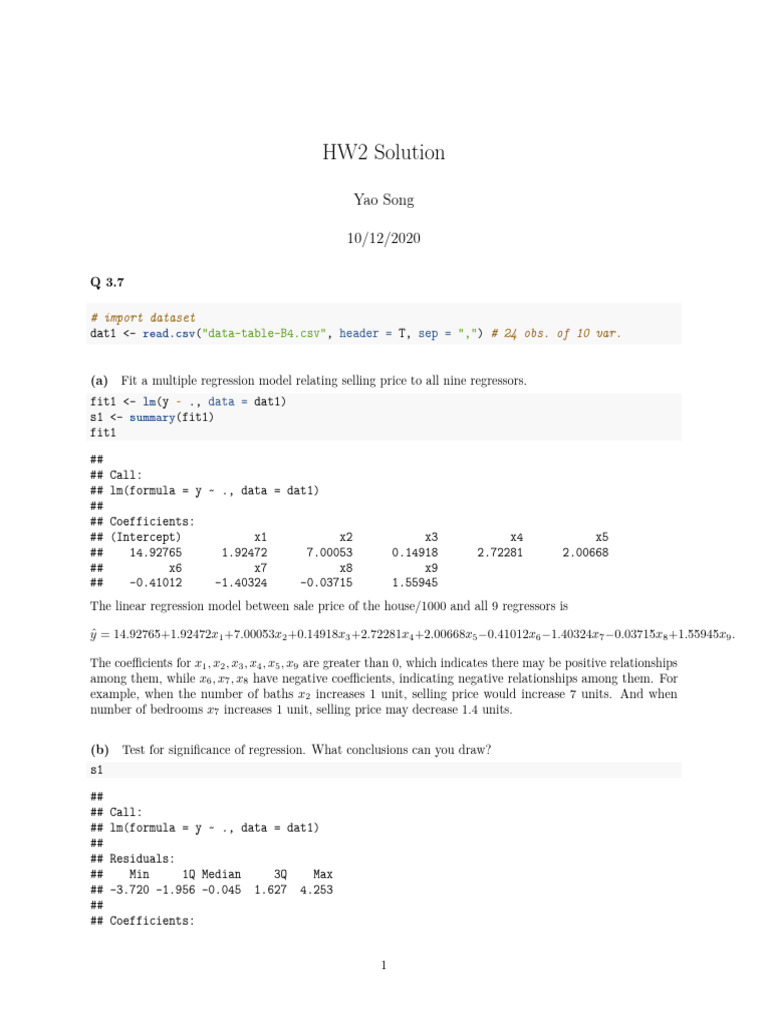 HW2 Solution | PDF | Coefficient Of Determination | Errors And Residuals