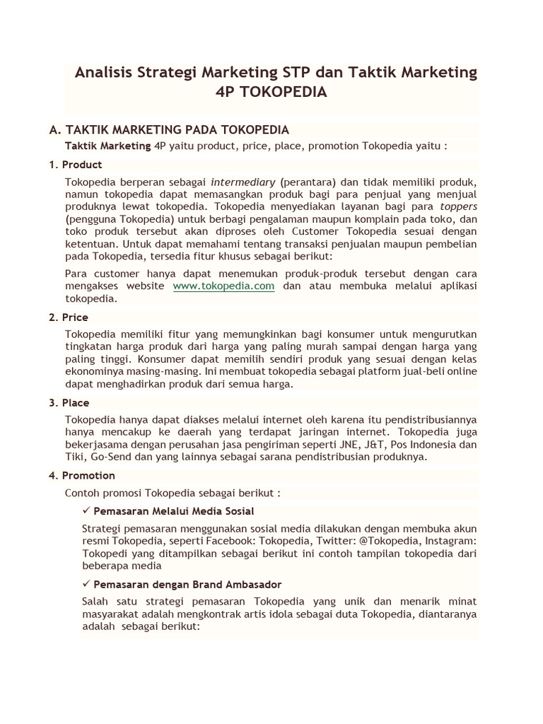 Analisis Strategi Marketing STP Dan Taktik Marketing 4P TOKOPEDIA | PDF