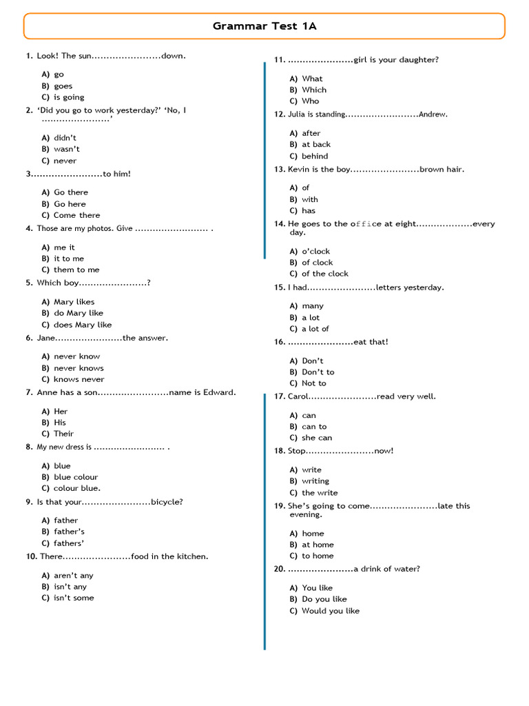 Grammar Test 1a Pdf