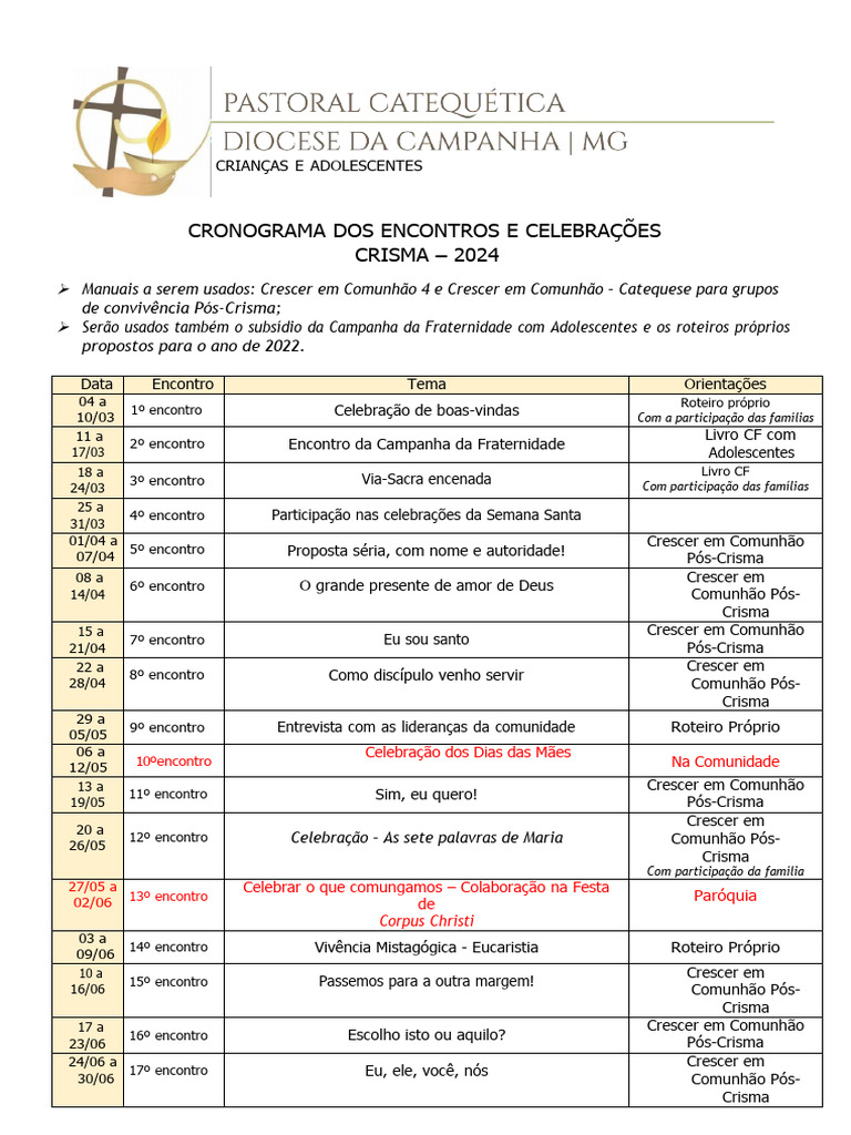 Cronograma Crisma 2024 | PDF | Eucaristia | Famílias denominacionais ...