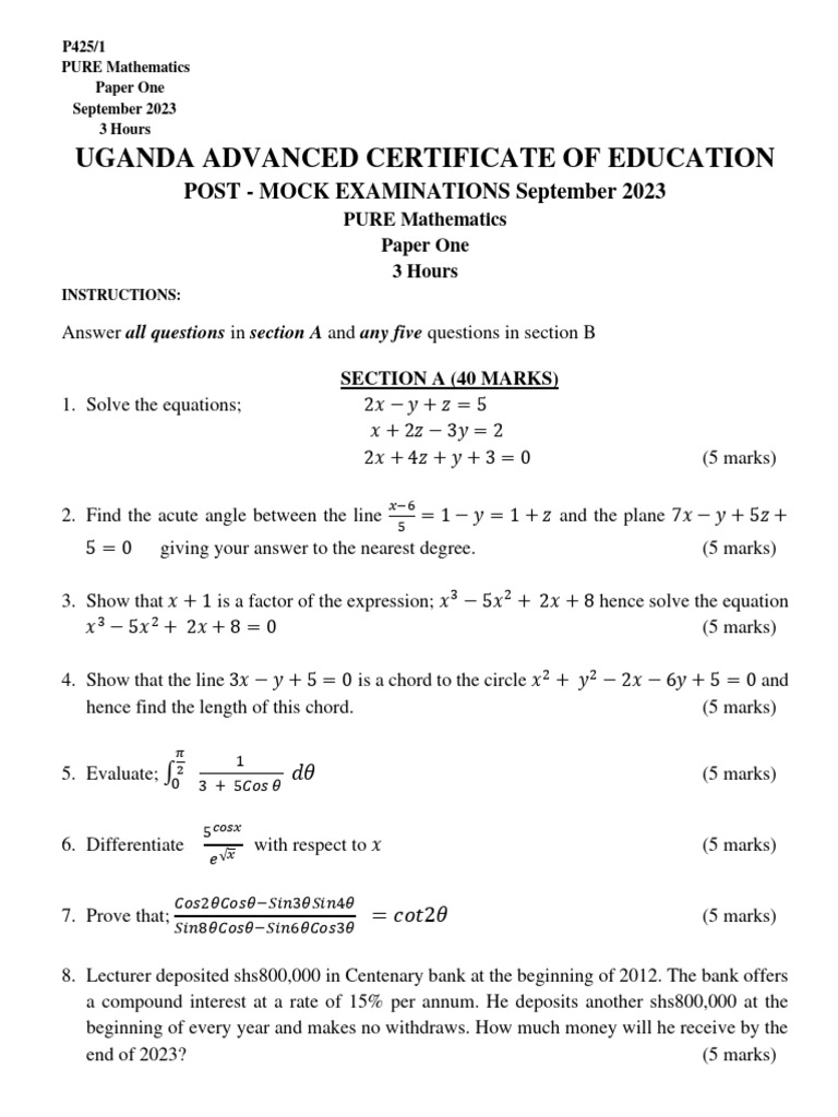 UACE Pure Mathematics Paper 1 2023 | PDF | Circle | Mathematical Objects