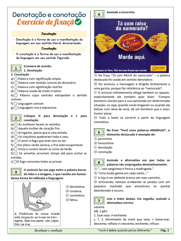 Exercícios sobre Denotação e Conotação | PDF | Palavra | Conotação