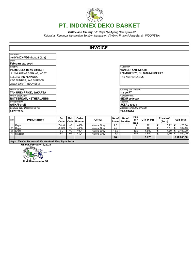 Inv & PL With Id Rex 436 | PDF