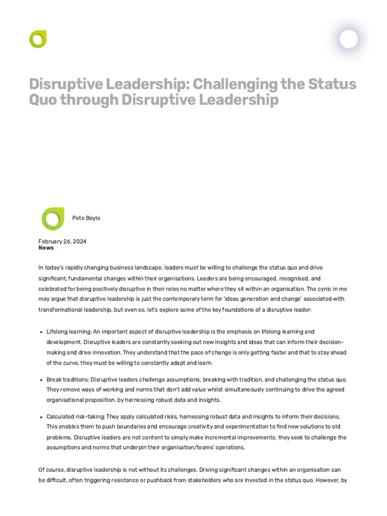 Disruptive Leadership Challenging The Status Quo Through Disruptive