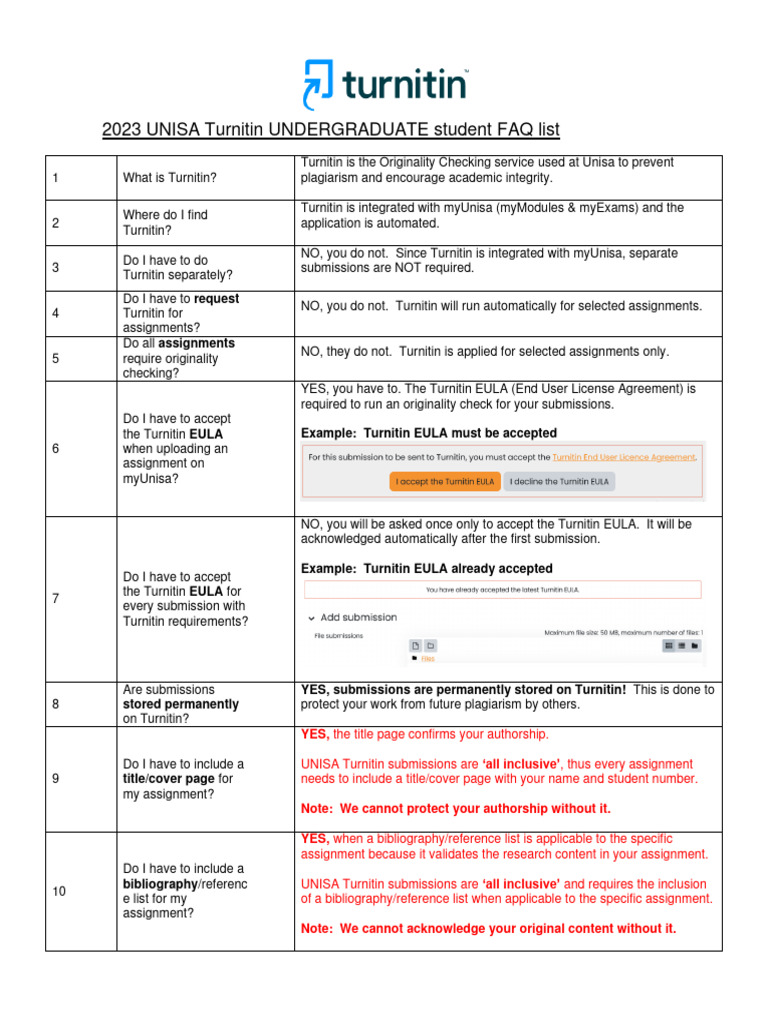 Turnitin Unisa FAQ UNDERGRADUATES 1-26 | PDF | Turnitin | Plagiarism