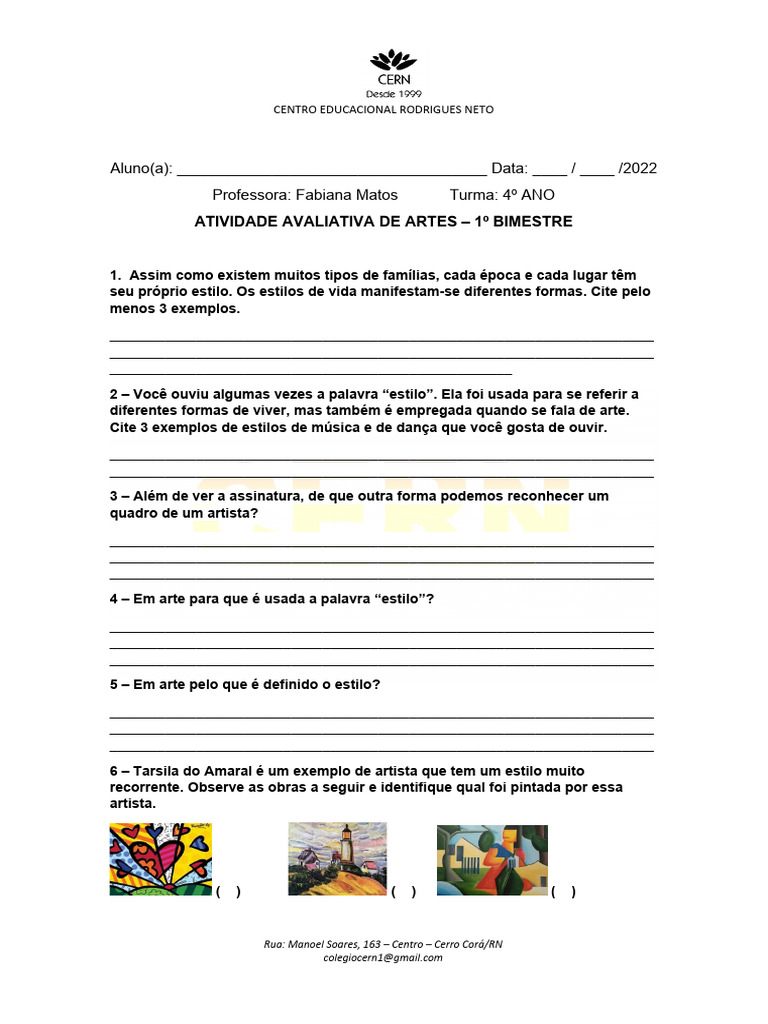 4º ANO Avaliação Artes - 1 Bimestre | Download grátis PDF | As artes
