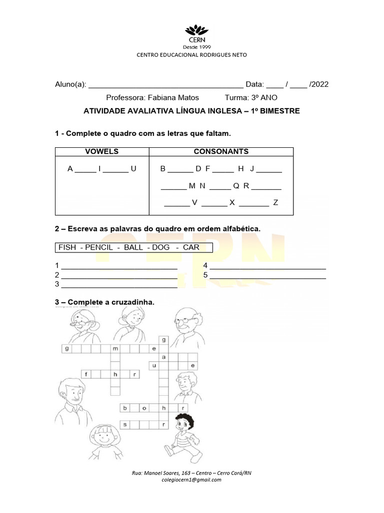 3º ANO Avaliação Inglês - 1 Bimestre | PDF