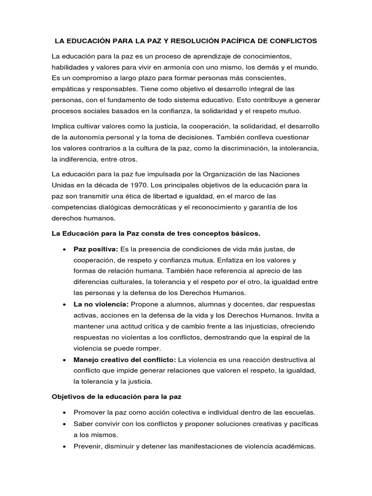 La Educación para La Paz y Resolución Pacífica de Conflictos | PDF ...