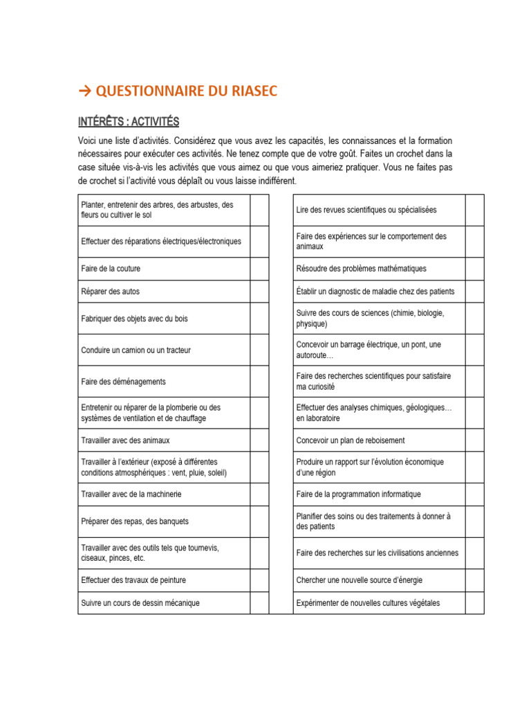 Questionnaire RIASEC : Évaluez vos intérêts | PDF | Science | Physique