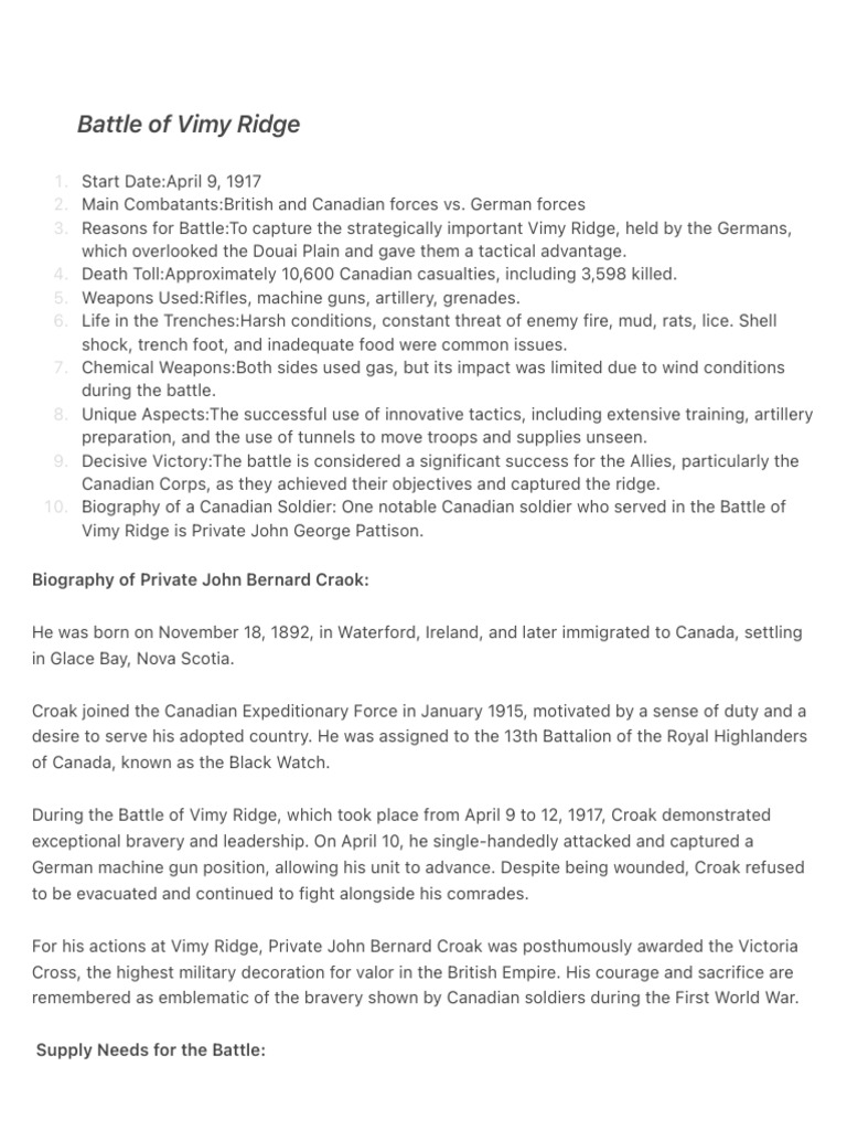 Vimy Ridge Battle Overview and Supplies | PDF | Trench Warfare | Military