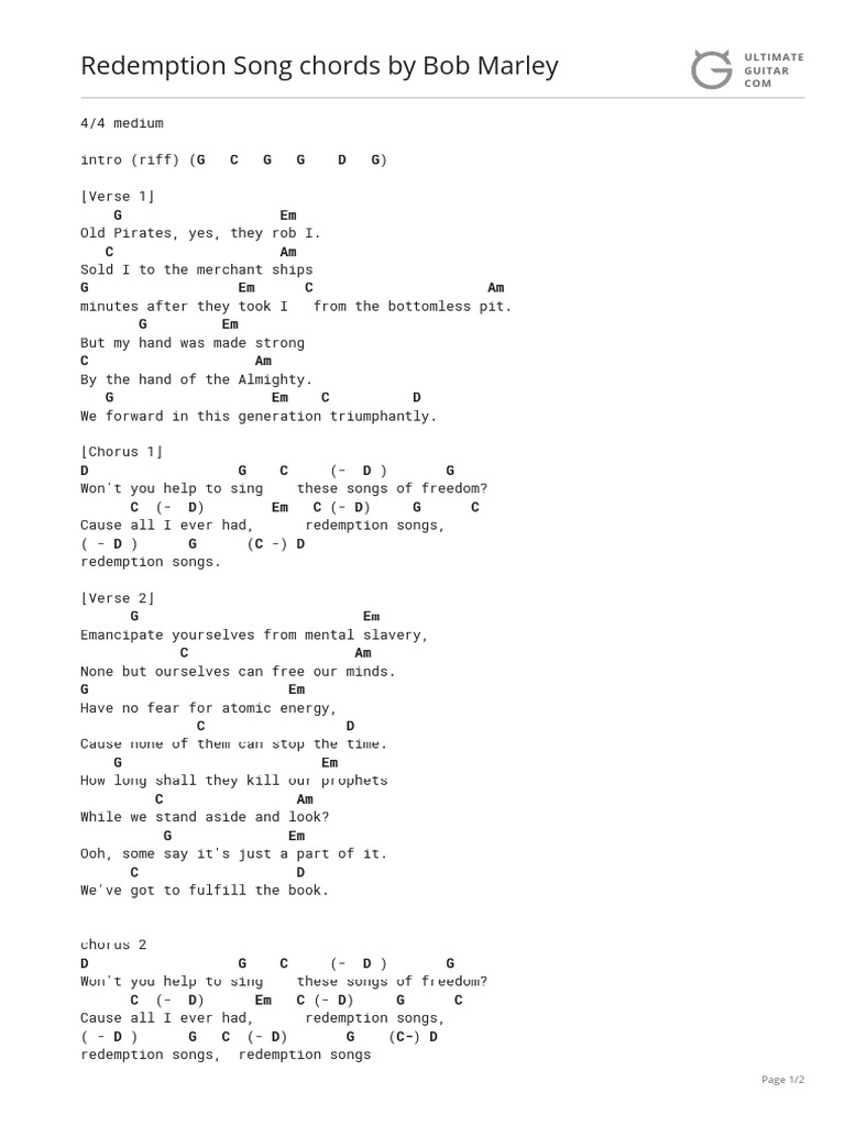 Bob Marley Redemption Song Chords | PDF | Song Structure | Songs