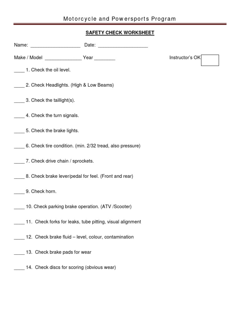 Safety Check Worksheet PDF