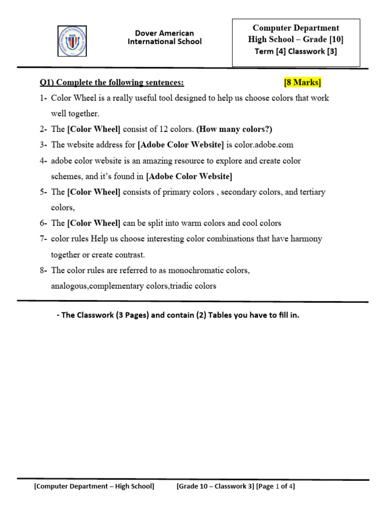 Abubakr Hegazi - Grade 10 - Term 4 - Classwork 3 | PDF | Color ...