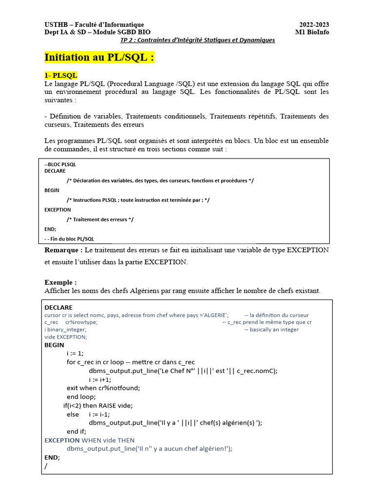 PL/SQL : Intégrité et Triggers SGBD | PDF | SQL | PL/SQL