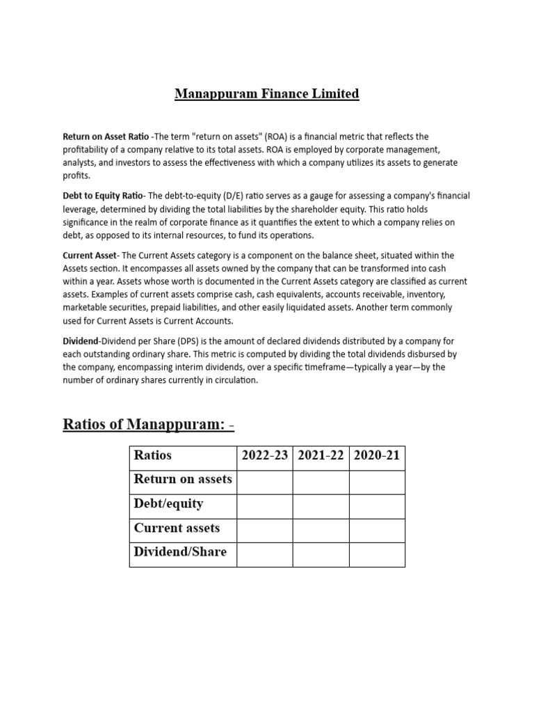 Manappuram Finance Key Financial Ratios | PDF | Finance & Money Management
