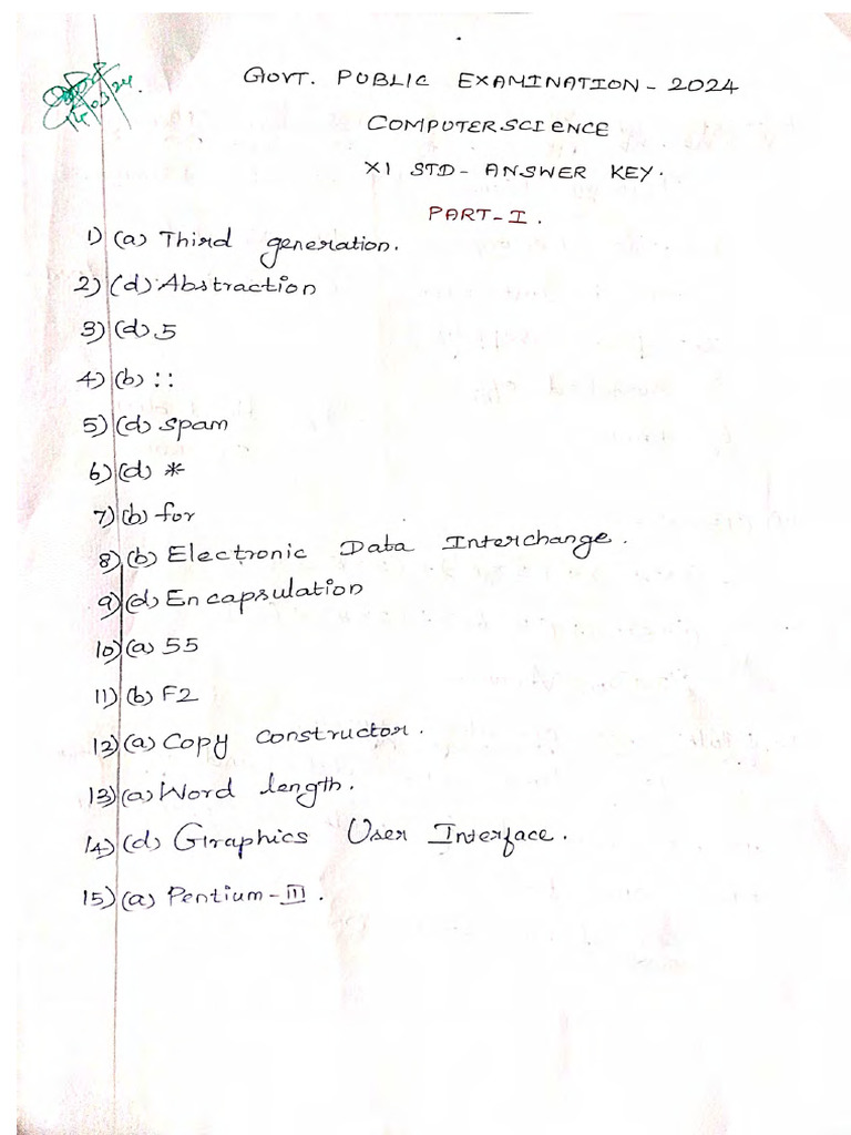1 Tamilnadu 11th Annual Exam Computer Science Answer Key March 2024 | PDF