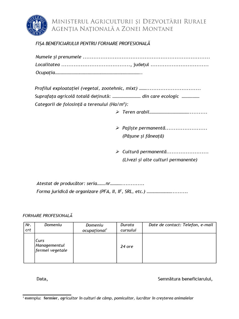 Fisa Beneficiarului Managementul Fermei Vegetale | PDF