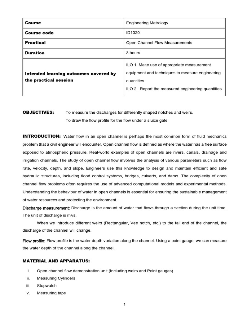Open Channel Flow Measurement Lab | PDF | Engineering | Discharge ...