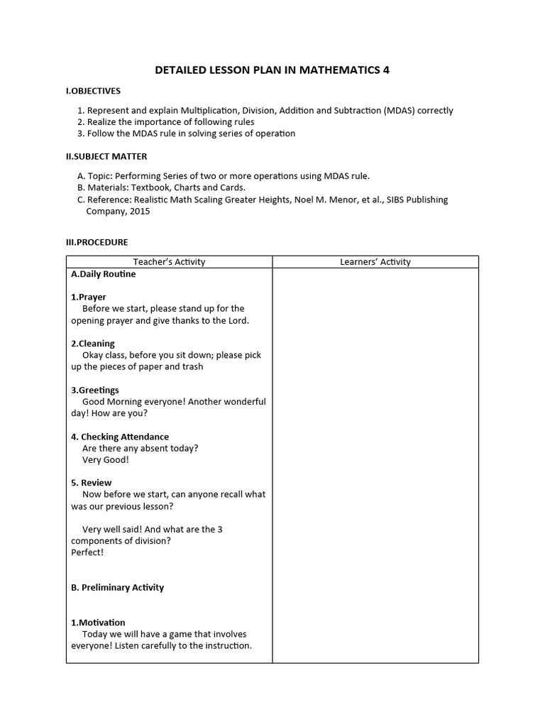 Grade 4 MDAS Lesson Plan | PDF | Mathematics