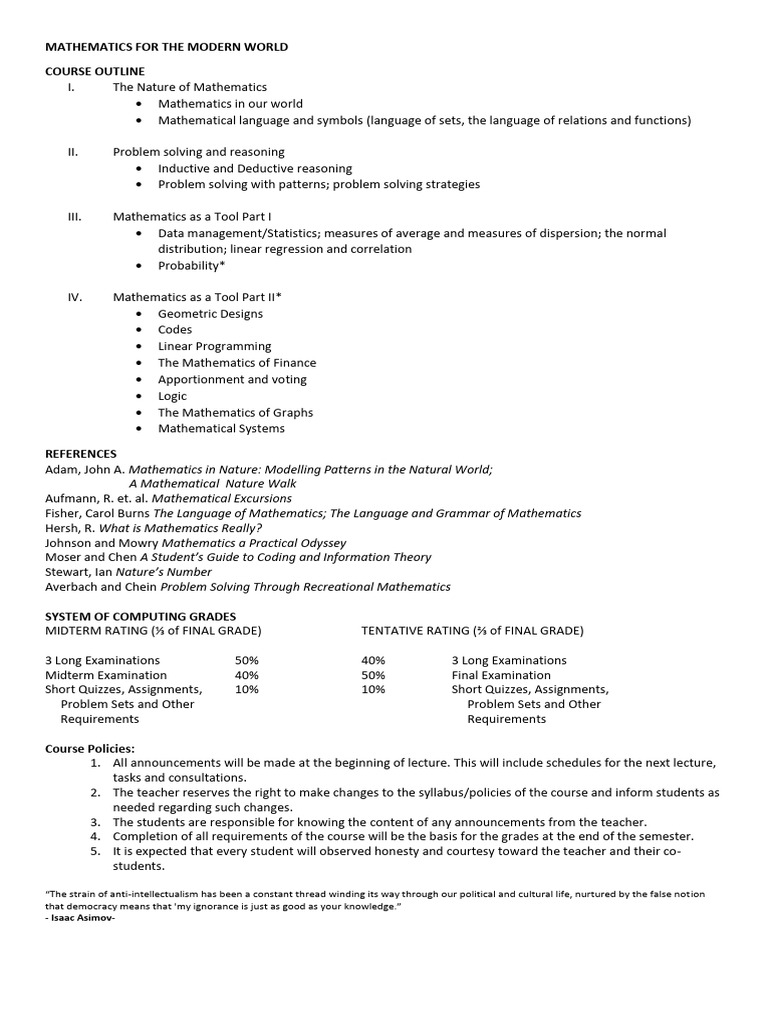 Course Outline Mathematics For The Modern World | PDF | Mathematics ...