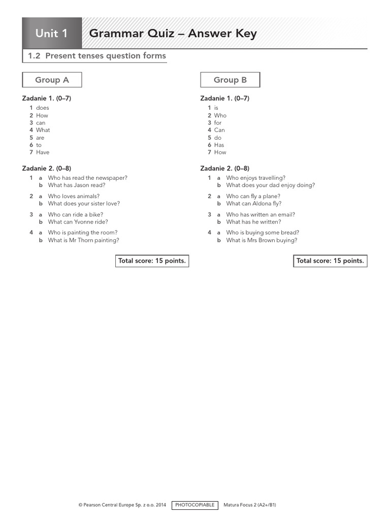 Grammar Quiz Answer Key: Present Tenses | PDF