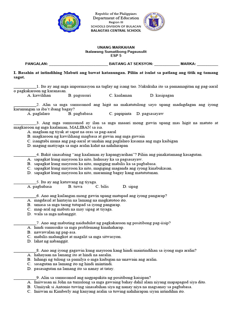 2nd SUMMATIVE TEST ESP Q1 2022 | PDF