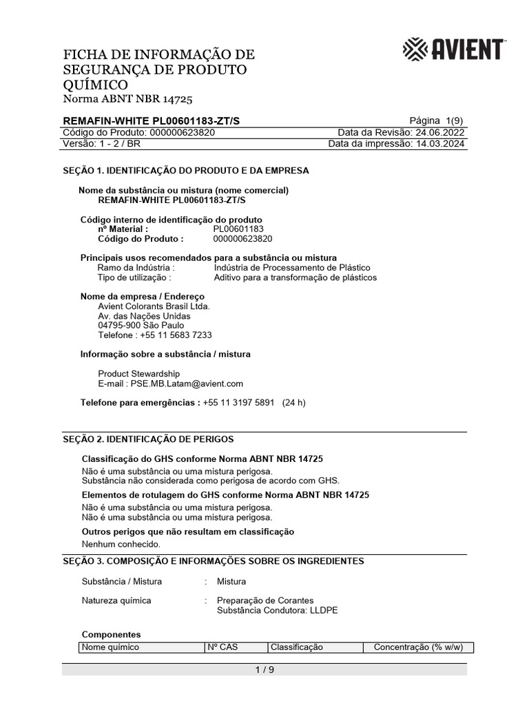 Ficha de Segurança REMAFIN-WHITE | PDF | Desperdício | Dióxido de carbono