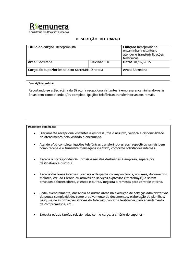 Descrição do Cargo de Recepcionista | PDF | Informática