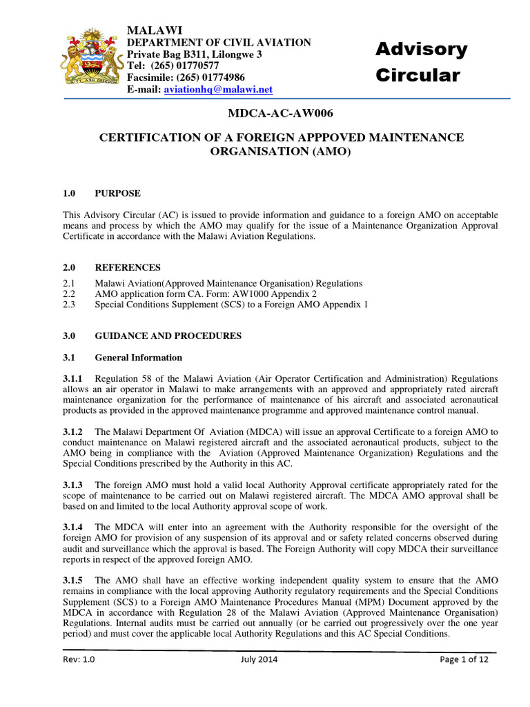 Foreign AMO Certification in Malawi | PDF | Aviation