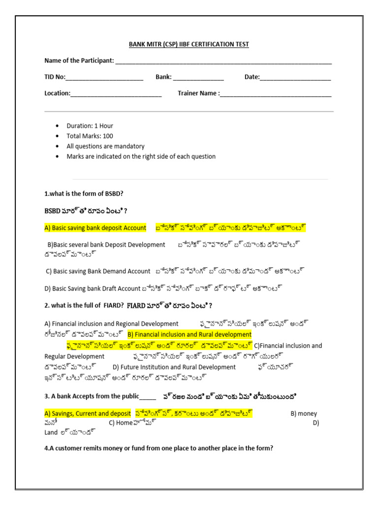 IIBF Test Paper 2 - With Answers | PDF