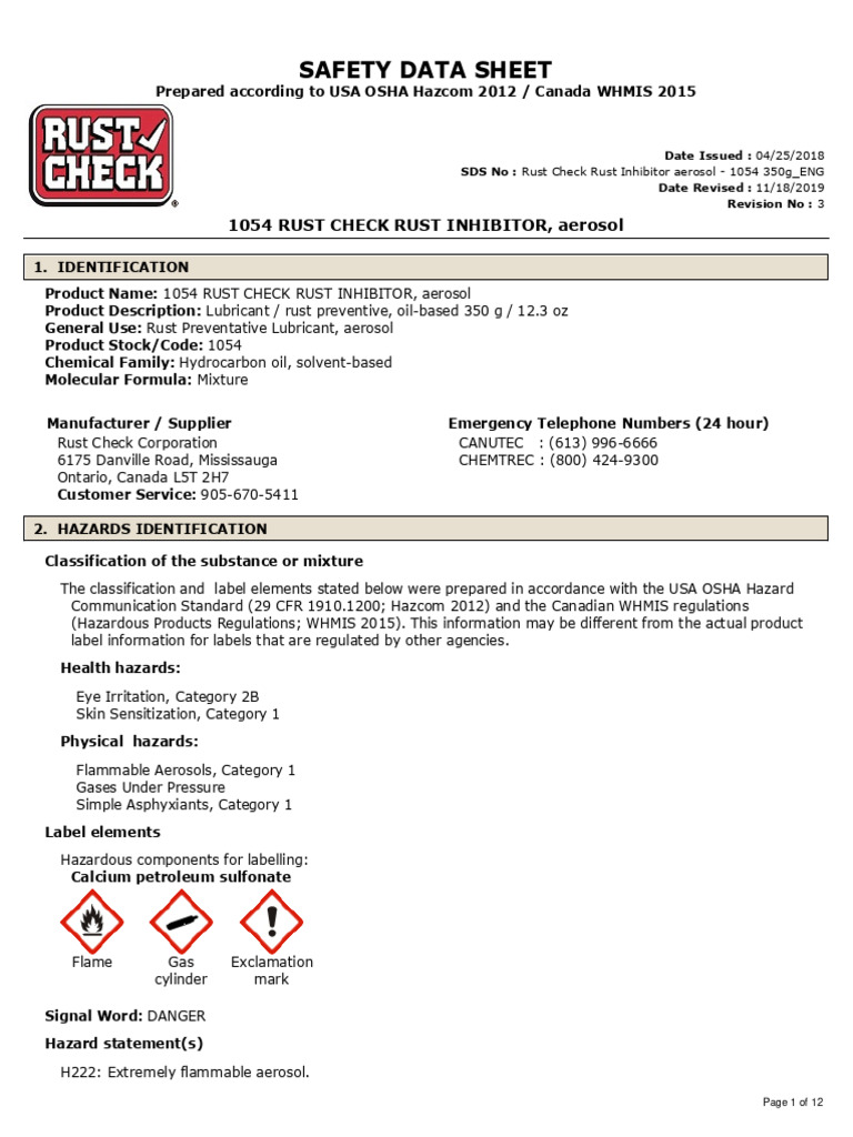 Rust Check Rust Inhibitor Aerosol 1054 350g ENG PDF Firefighting