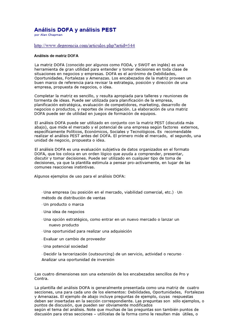Análisis DOFA y PEST para Negocios | PDF | Análisis FODA | Business