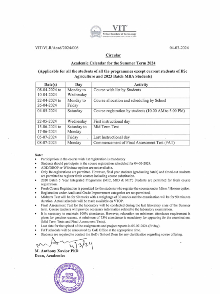 Academic Calendar for Summer Term 2024 PDF