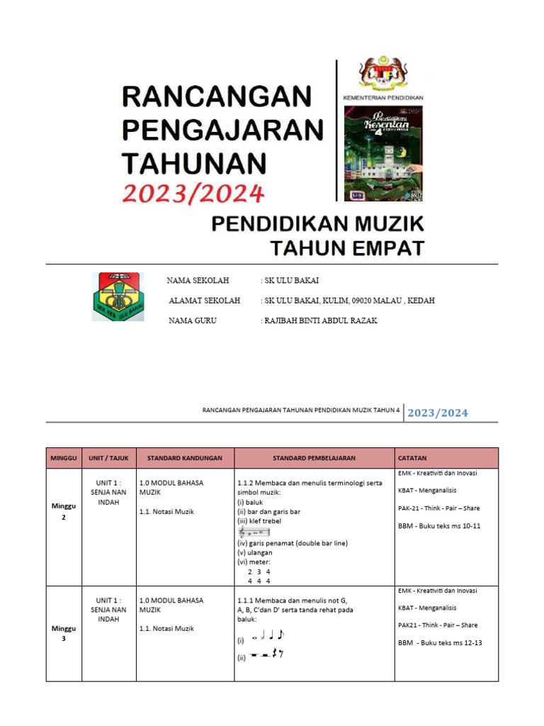 RPT P.muzik THN 4 2023-2024 | PDF