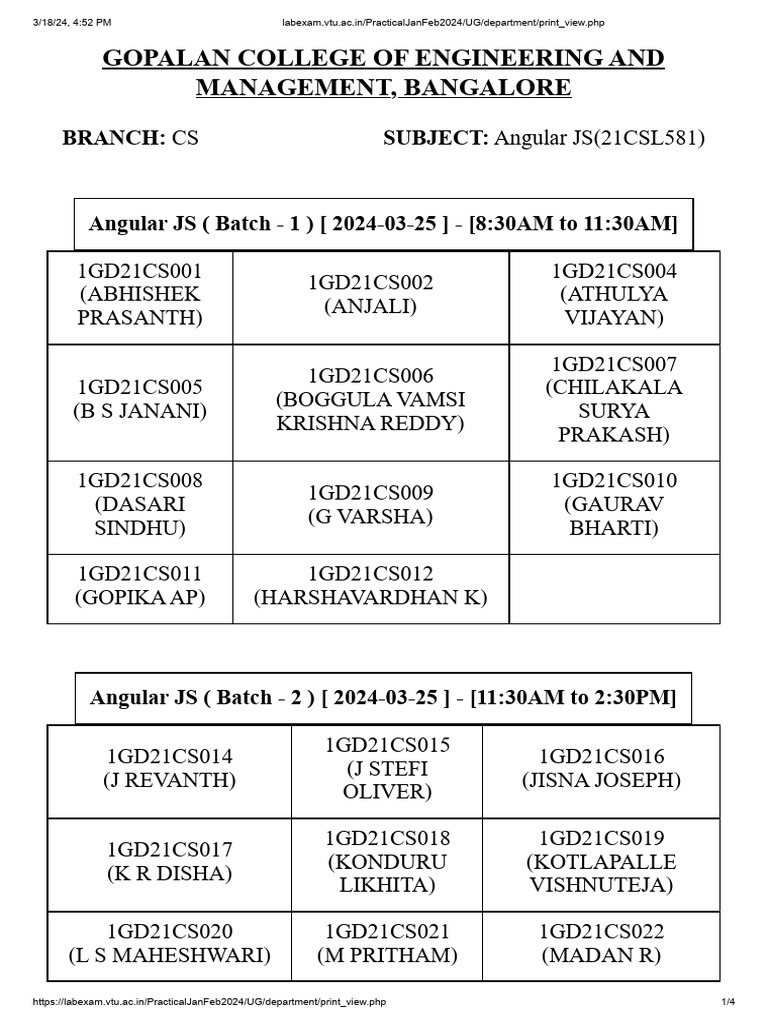 Angular JS Practical Exam Schedule | PDF